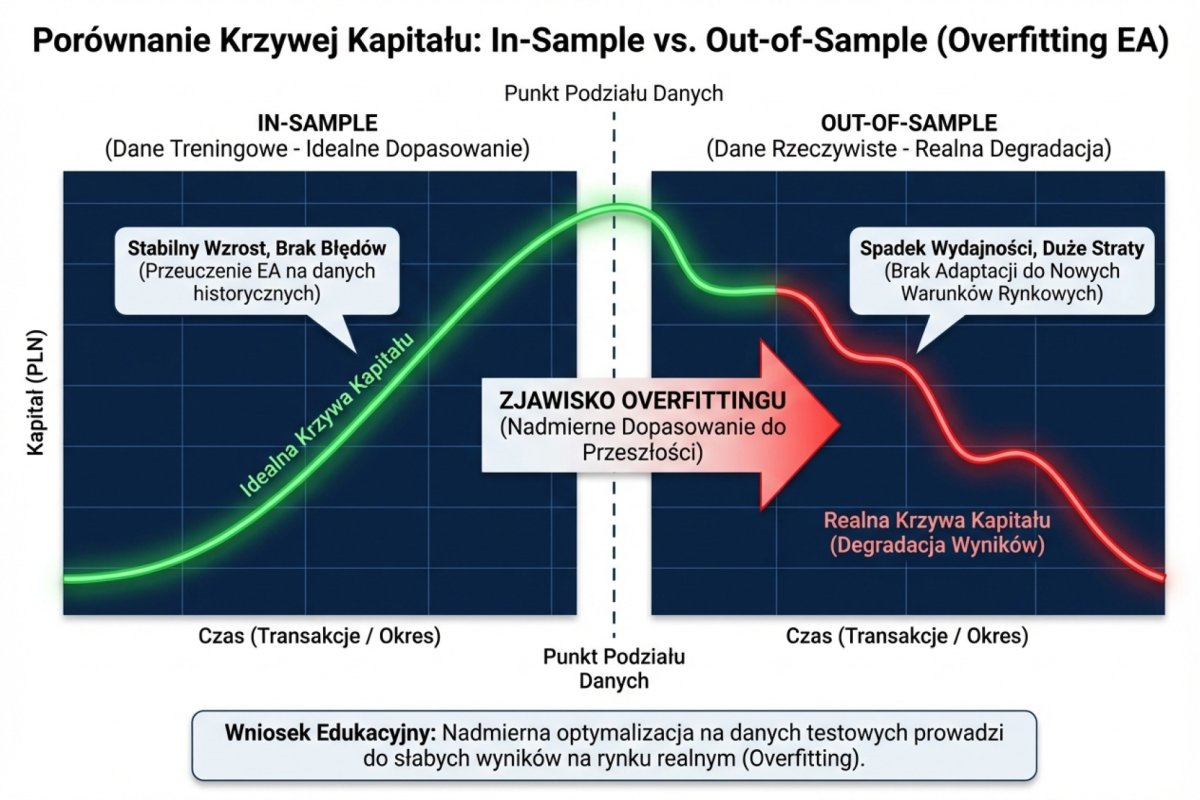 Porównanie equity curve in-sample (idealna krzywa) vs out-of-sample (realna degradacja) — ilustracja overfittingu EA