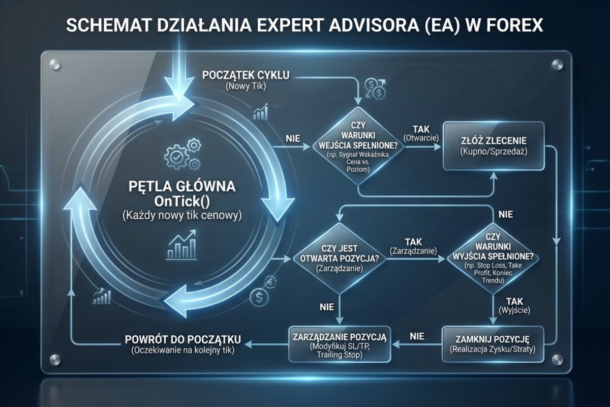 Schemat działania Expert Advisora — pętla OnTick(), warunki wejścia, zarządzanie pozycją i wyjście z transakcji