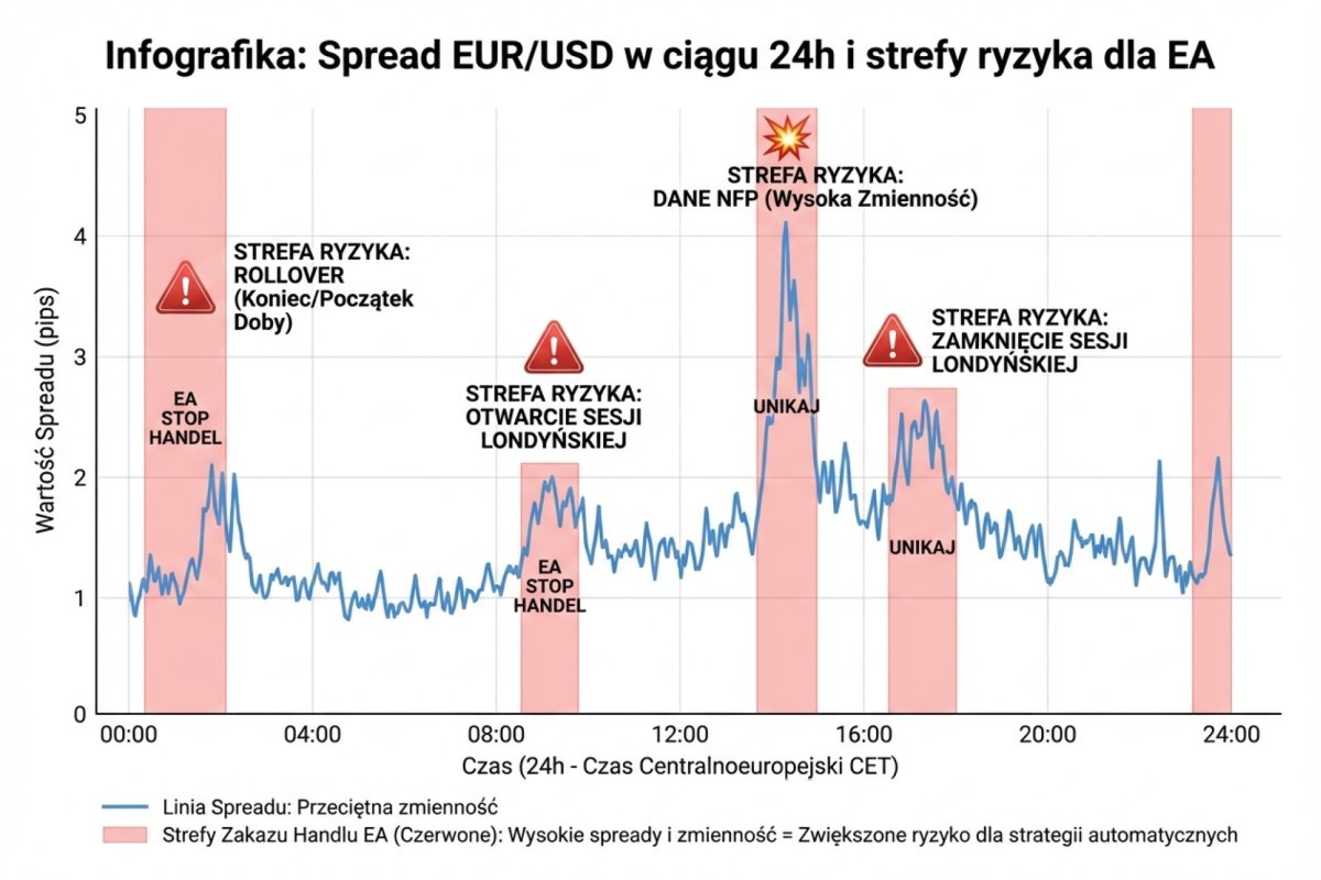 Spread EUR/USD w ciągu 24h z zaznaczonymi strefami: rollover, NFP, otwarcie/zamknięcie Londynu — strefy, w których EA nie powinien handlować