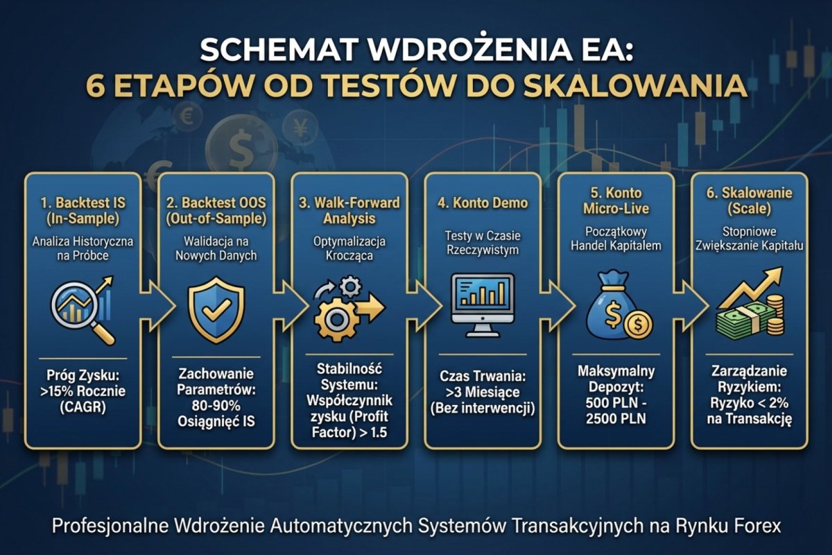 Schemat wdrożenia EA w 6 etapach: backtest IS → OOS → walk-forward → demo → micro-live → scale — z progami liczbowymi przy każdym etapie