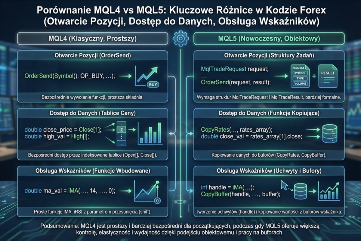 Porównanie kodu MQL4 i MQL5 — otwarcie pozycji, dostęp do danych i obsługa wskaźników w obu językach