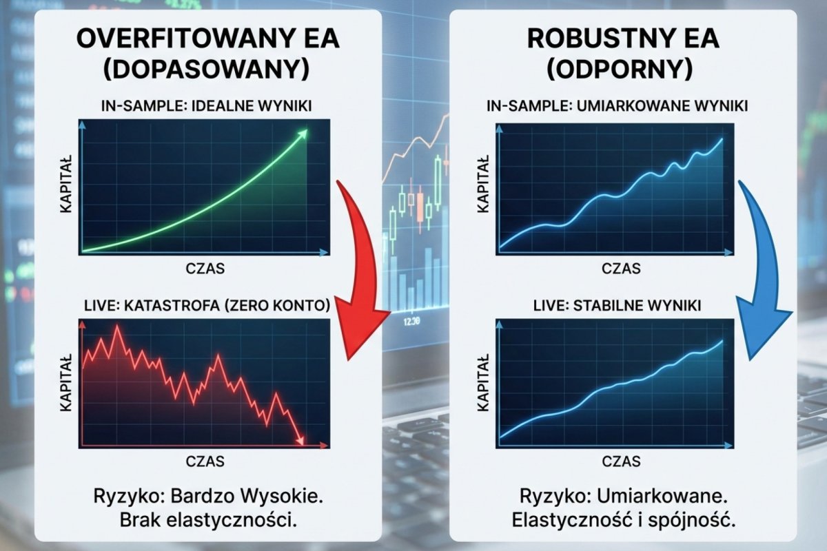 Porównanie EA overfitowanego (lewa strona — idealne in-sample, katastrofa live) vs robustnego (prawa — umiarkowane wyniki, ale stabilne na żywym rynku)