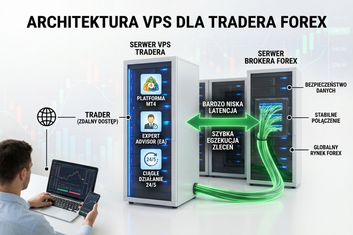 Architektura VPS dla tradera — serwer VPS z MT4/EA w data center obok serwera brokera, niska latencja, ciągłe działanie 24/5