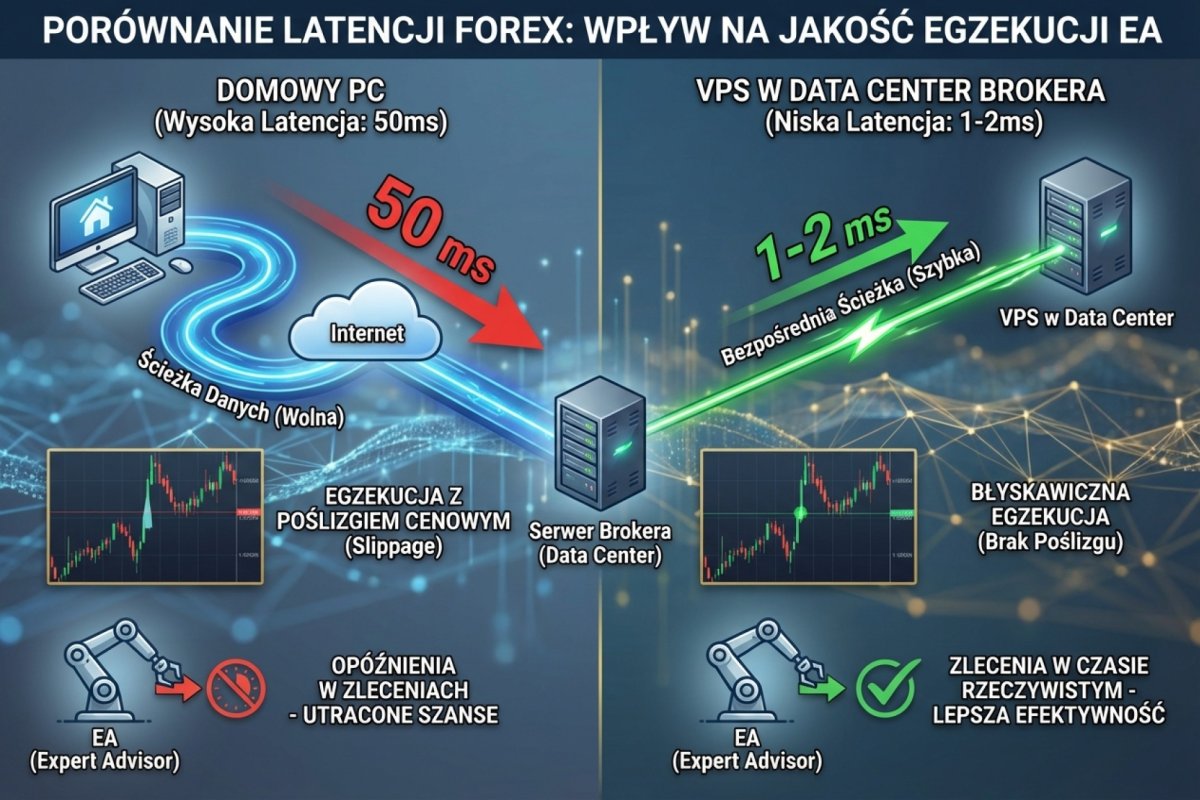 Porównanie latencji: domowy PC (50ms) vs VPS w data center brokera (1-2ms) — wpływ na jakość egzekucji EA