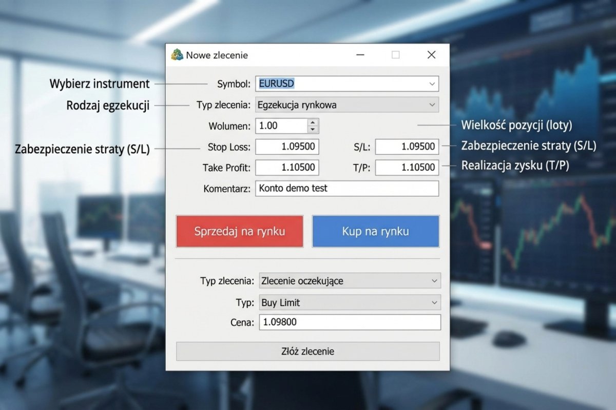 Konto demo na platformie MT5 — interfejs zlecenia z widocznymi parametrami, które trader powinien opanować zanim przejdzie na live
