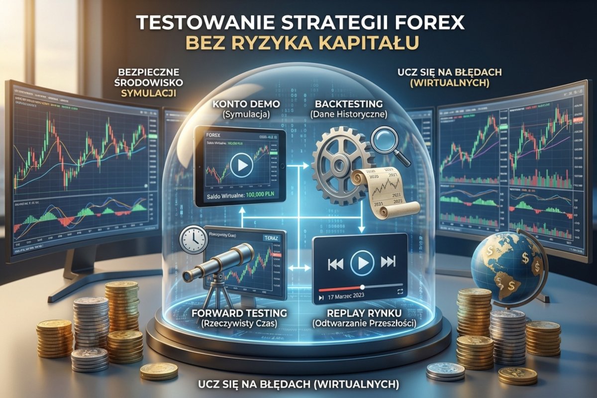 Konta demo, backtesting, forward testing i replay rynku — testowanie strategii Forex bez ryzykowania kapitału