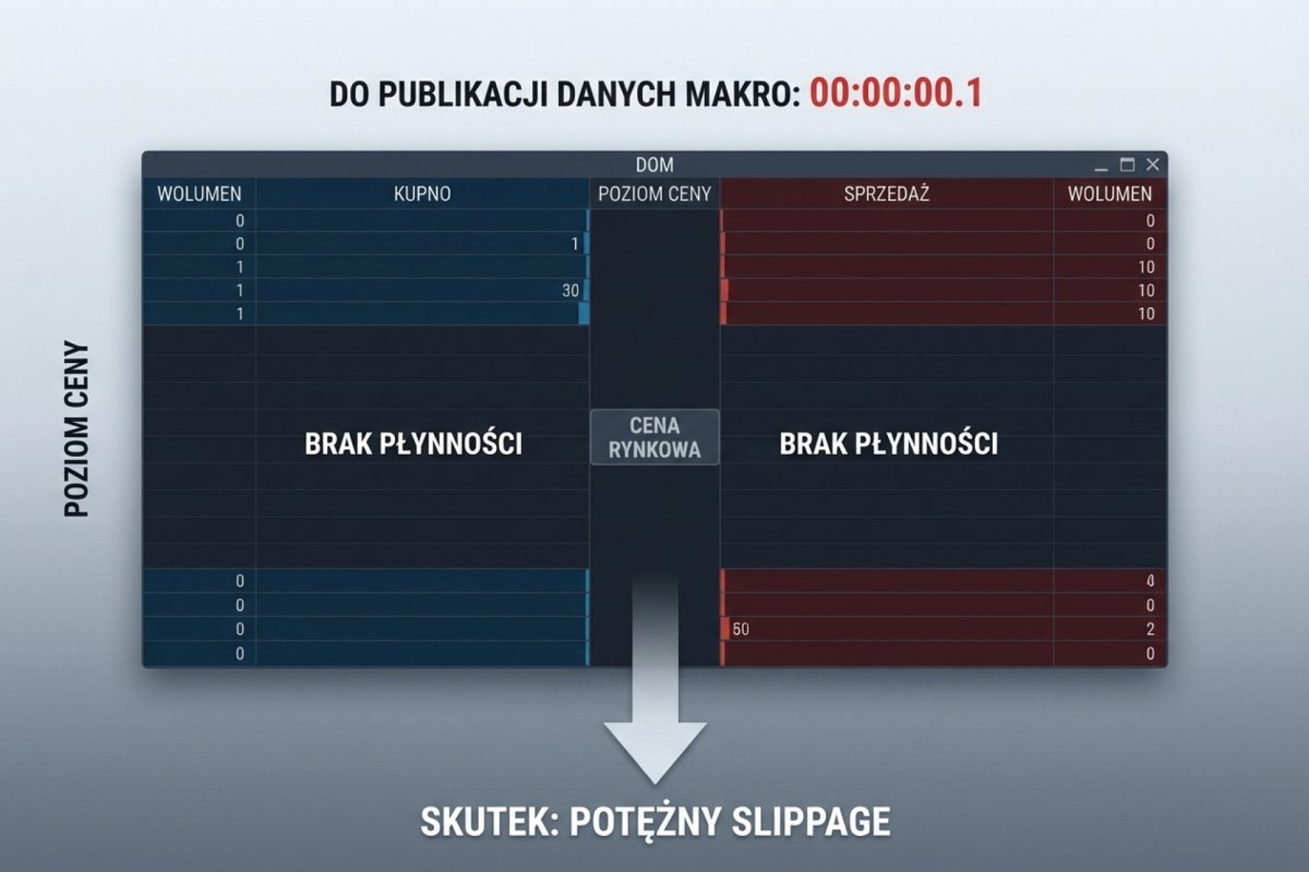 Pusta księga zleceń (DOM) na ułamek sekundy przed publikacją danych makroekonomicznych — brak płynności to źródło potężnego slippage