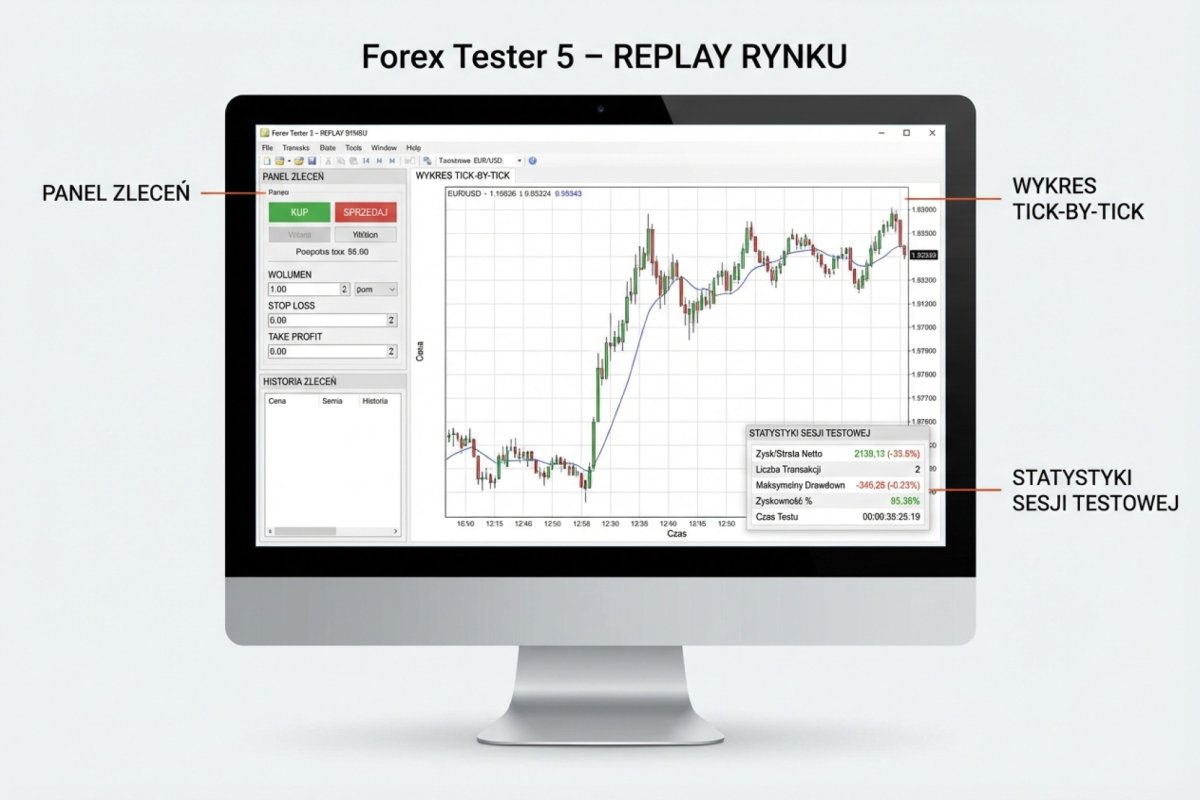 Interfejs Forex Tester 5 — replay rynku z panelem zleceń, wykresem tick-by-tick i statystykami sesji testowej