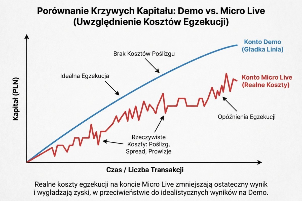 Porównanie krzywej equity z forward testu na demo i na micro live — demo pokazuje gładszą linię, micro live uwzględnia realne koszty egzekucji