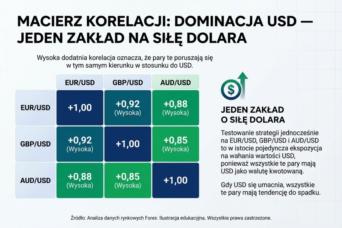 Macierz korelacji par walutowych z dominacją USD — testowanie strategii na EUR/USD, GBP/USD i AUD/USD to jeden zakład o siłę dolara