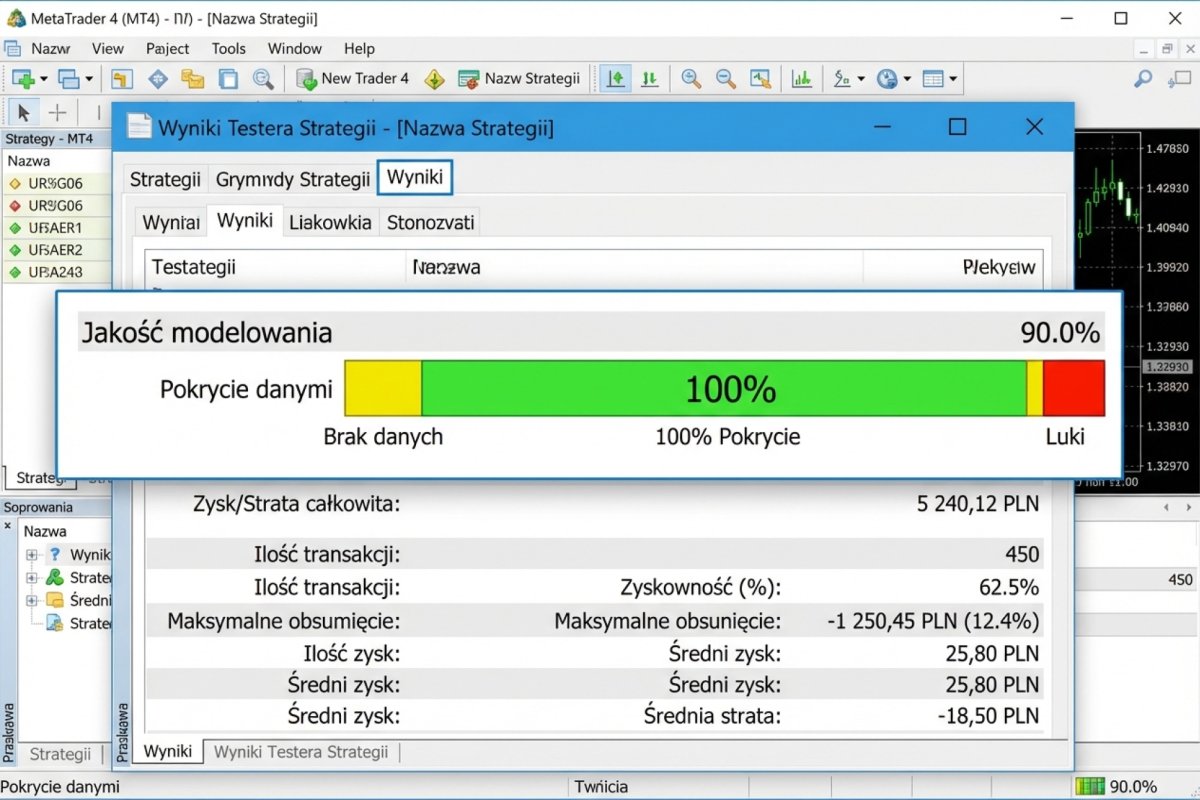 Strategy Tester w MT4 — okno wyników z widoczną jakością modelowania (modelling quality) i kolorowym paskiem wskazującym procent pokrycia danymi