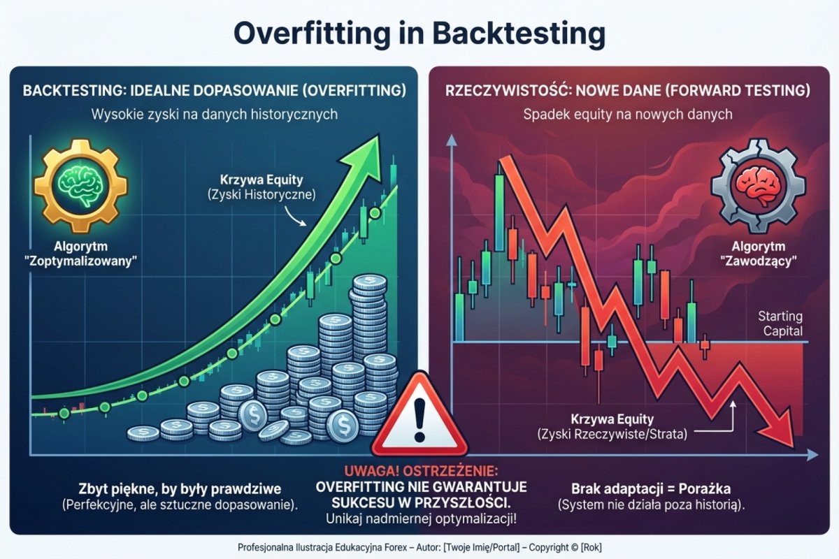 Overfitting w backtestingu — krzywa equity idealnie dopasowana do danych historycznych vs ta sama strategia na nowych danych, gdzie equity spada