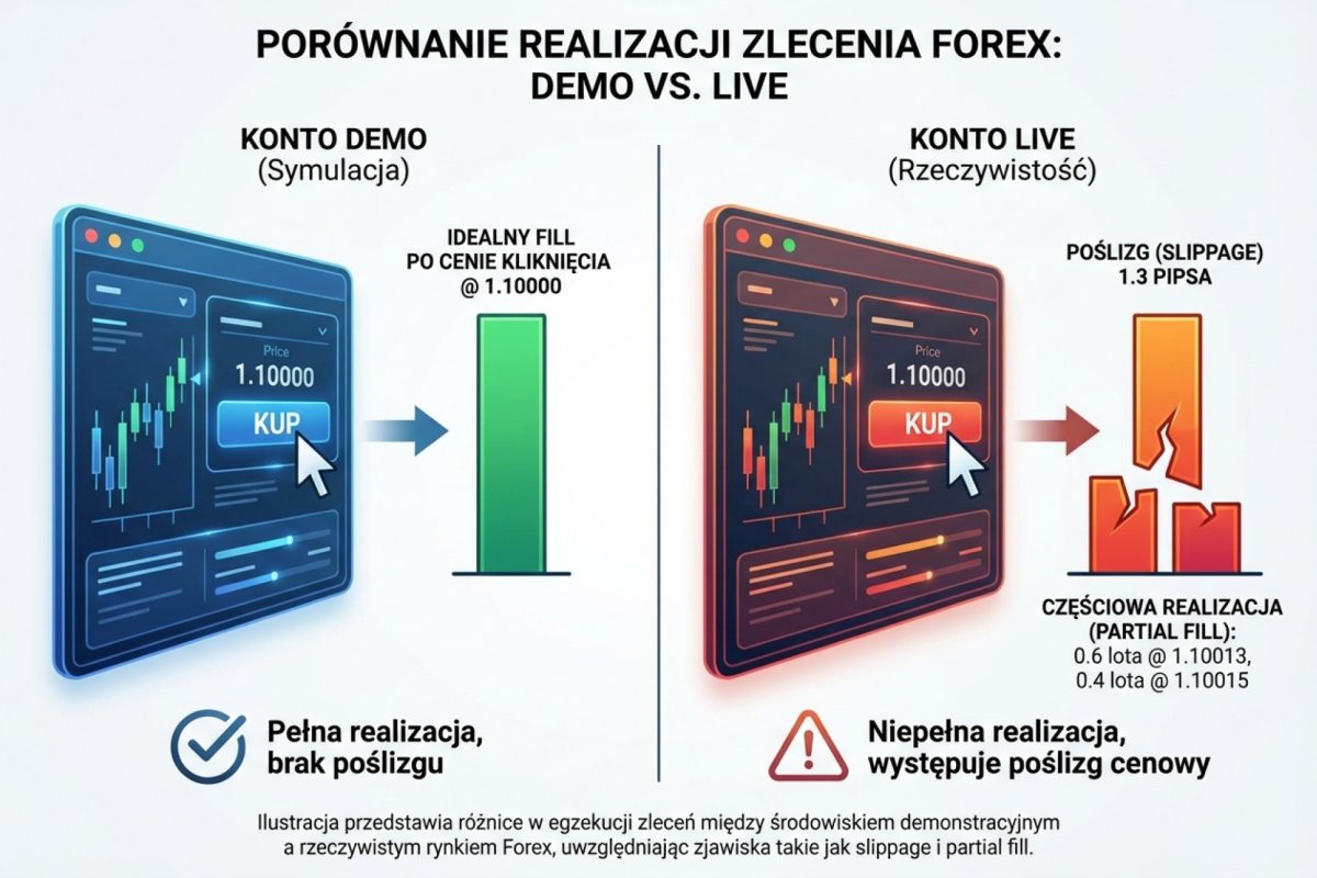 Porównanie realizacji zlecenia na demo i na live — demo: idealny fill po cenie kliknięcia; live: slippage 1.3 pipsa i partial fill