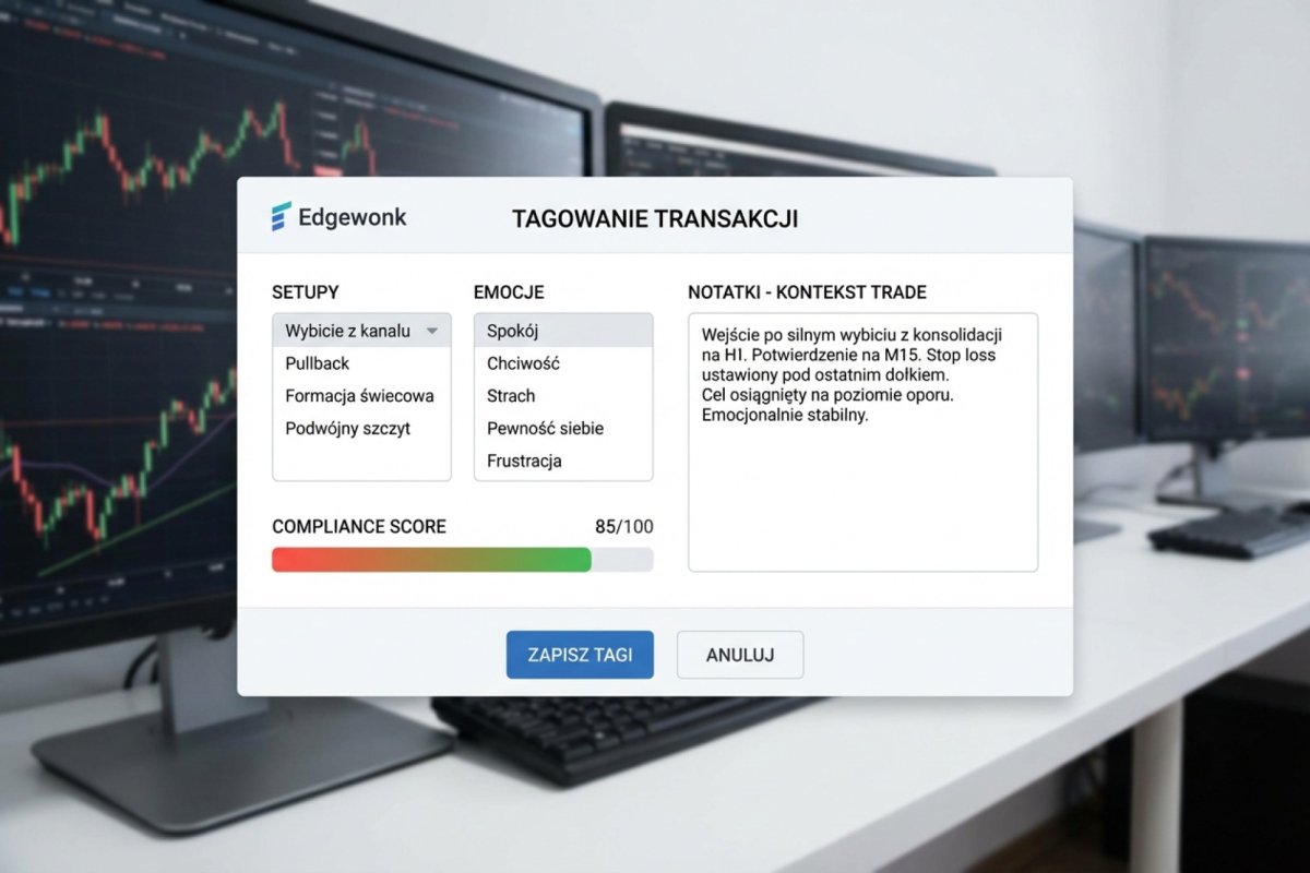 Interfejs Edgewonk - panel tagowania transakcji z listą setupów, emocji, compliance score i polem na notatki z kontekstem trade