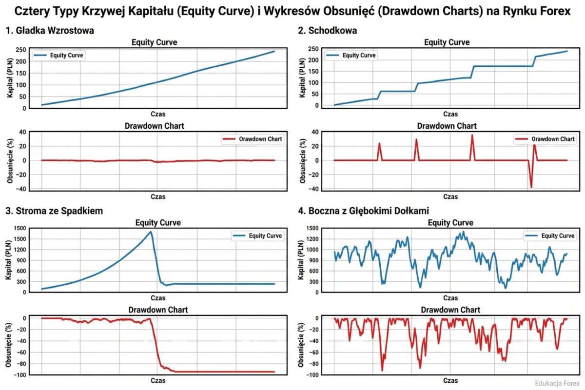 Cztery typy equity curve z odpowiadającymi drawdown charts - gładka wzrostowa, schodkowa, stroma ze spadkiem i boczna z głębokimi dołkami