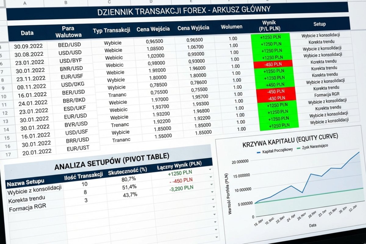 Szablon dziennika transakcji w Google Sheets z kolorowaniem warunkowym wyników, pivot table per setup i equity curve chart