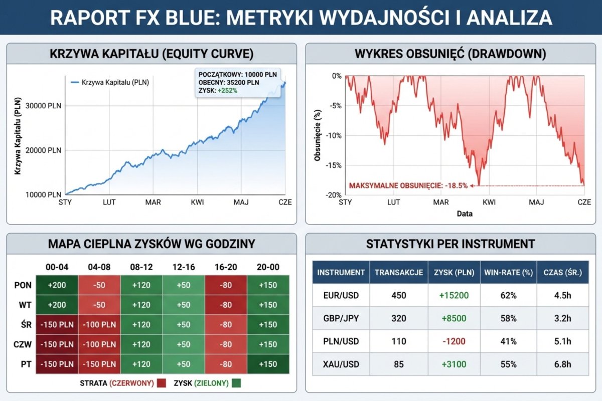 Raport FX Blue z metrykami performance - equity curve, drawdown chart, profit by hour heatmap i statystyki per instrument