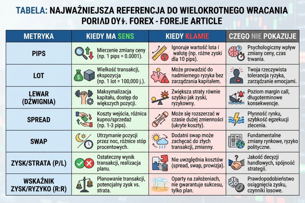 Tabela: metryka / kiedy ma sens / kiedy kłamie / czego nie pokazuje — najważniejsza referencja do wielokrotnego wracania