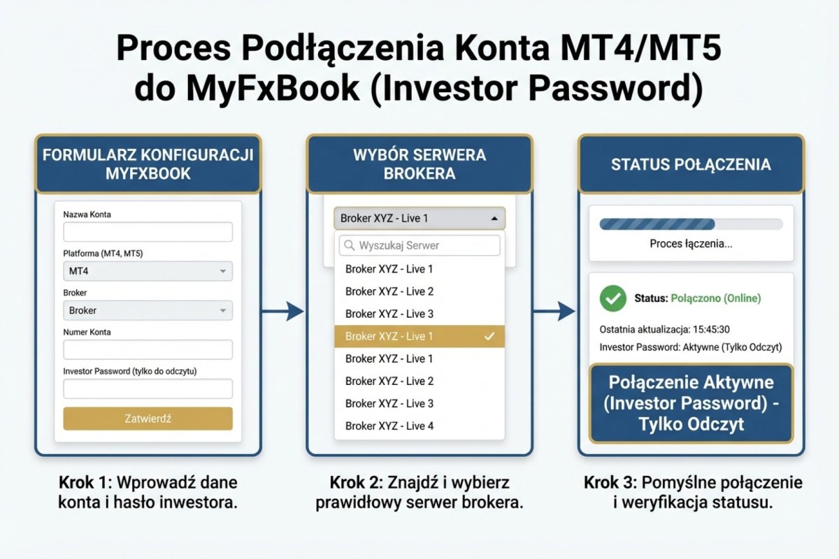 Proces podłączenia konta MT4/MT5 do MyFxBook przez investor password - formularz konfiguracji, wybór serwera brokera, status połączenia