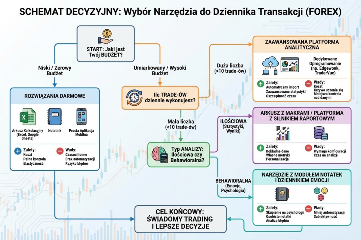 Schemat decyzyjny wyboru narzędzia do dziennika transakcji - od pytania o budżet, przez liczbę trade-ów, po typ analizy (ilościowa vs behawioralna)