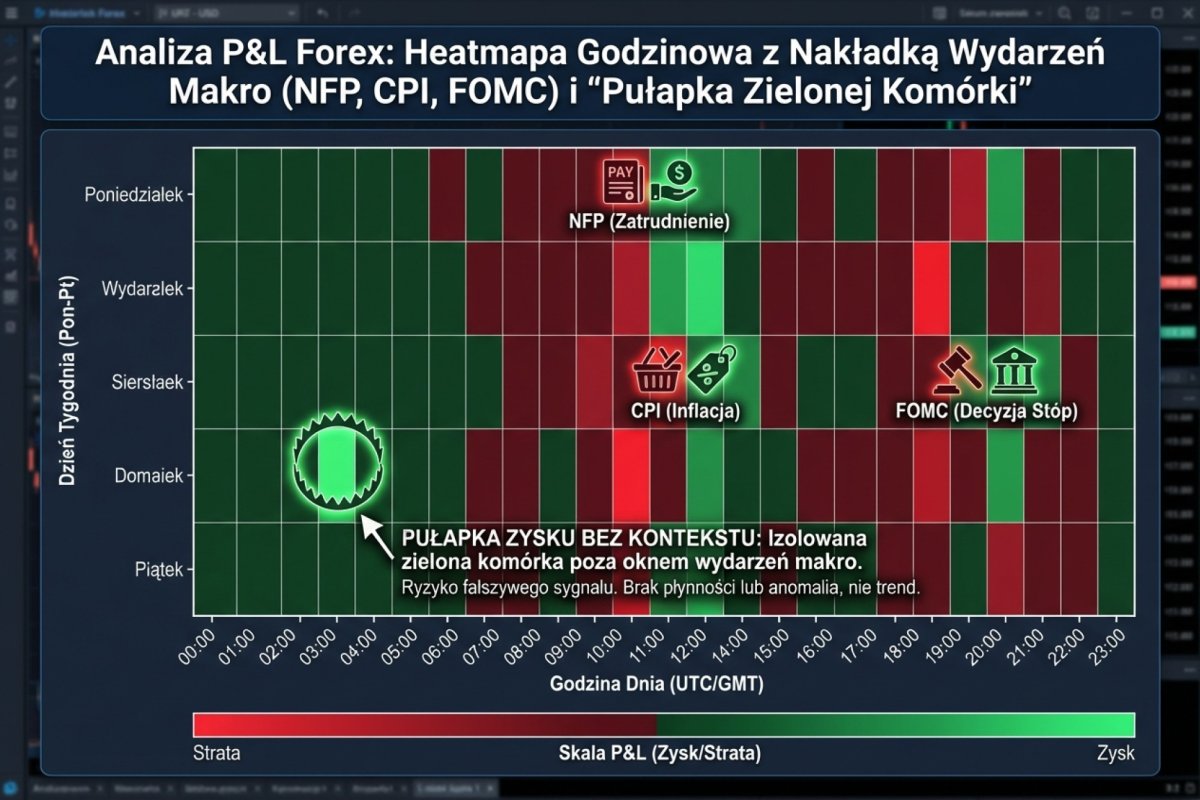 Heatmapa godzinowa P&L z overlayem wydarzeń makro: NFP, CPI, FOMC — zielona komórka bez kontekstu eventowego może być pułapką