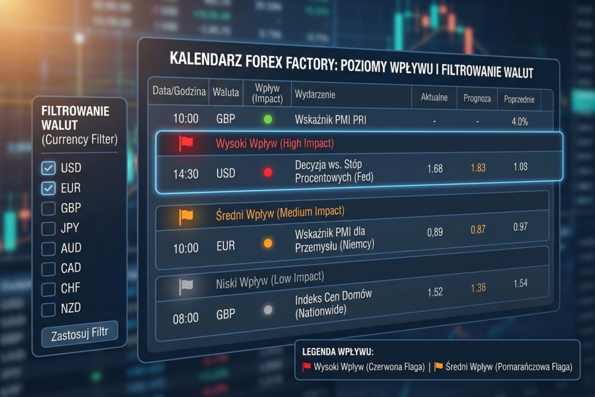 Kalendarz Forex Factory z oznaczeniami impact level - czerwone flagi high impact, pomarańczowe medium impact, filtrowanie po walutach