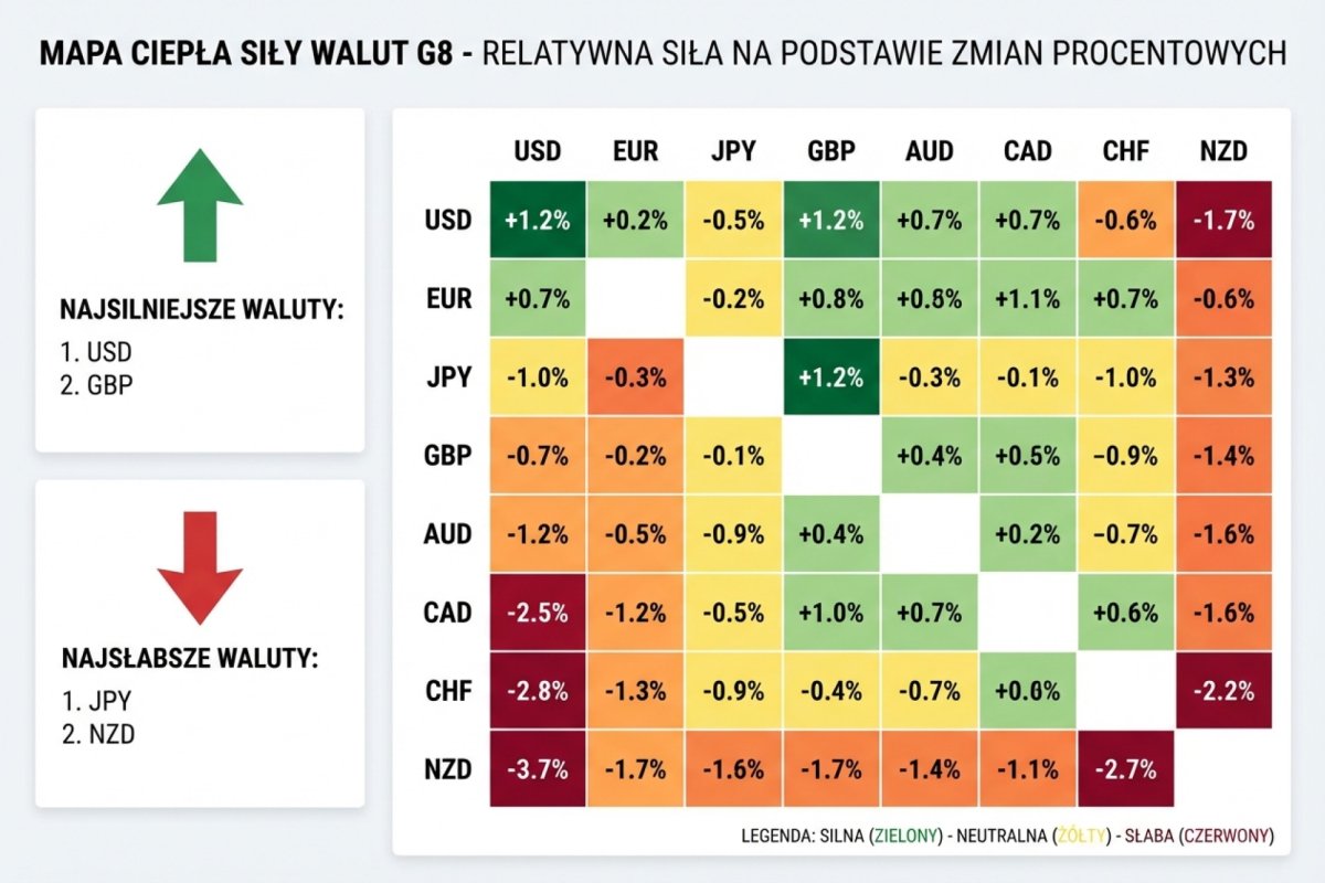 Currency strength heatmap - relatywna siła walut G8 na podstawie zmian procentowych par walutowych, identyfikacja najsilniejszych i najsłabszych walut