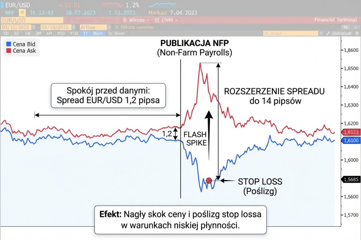 Spread expansion na EUR/USD podczas publikacji NFP - rozjazd z 1,2 pipsa do 14 pipsów, flash spike i poślizg stop lossa