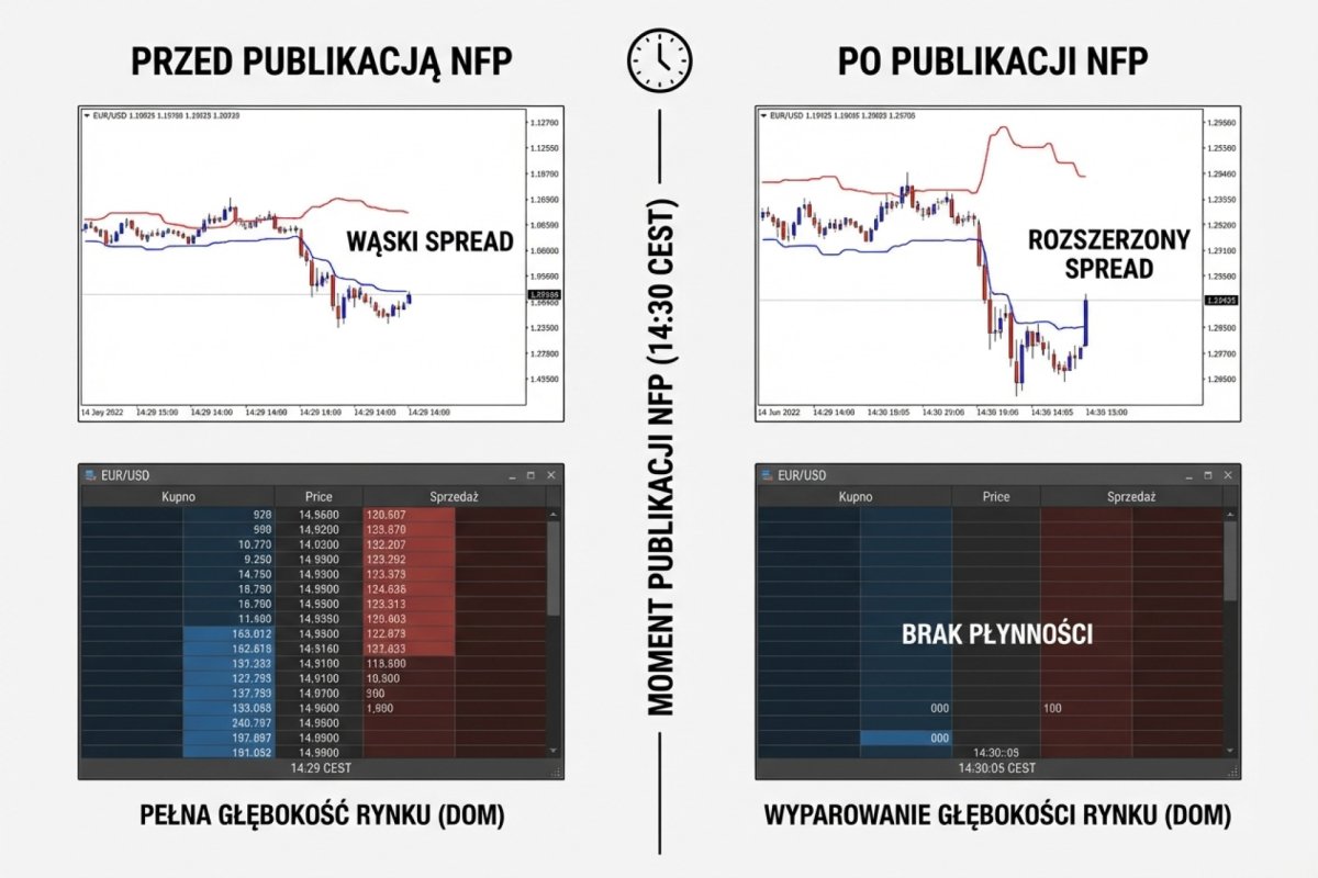 Rozszerzenie spreadu i wyparowanie głębokości rynku (DOM) w momencie publikacji NFP — porównanie przed i po danych