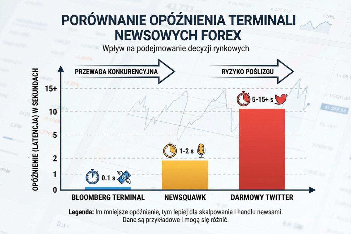 Porównanie opóźnienia terminali newsowych - od Bloomberga przez Newsquawk do darmowego Twittera, wykres latencji w sekundach