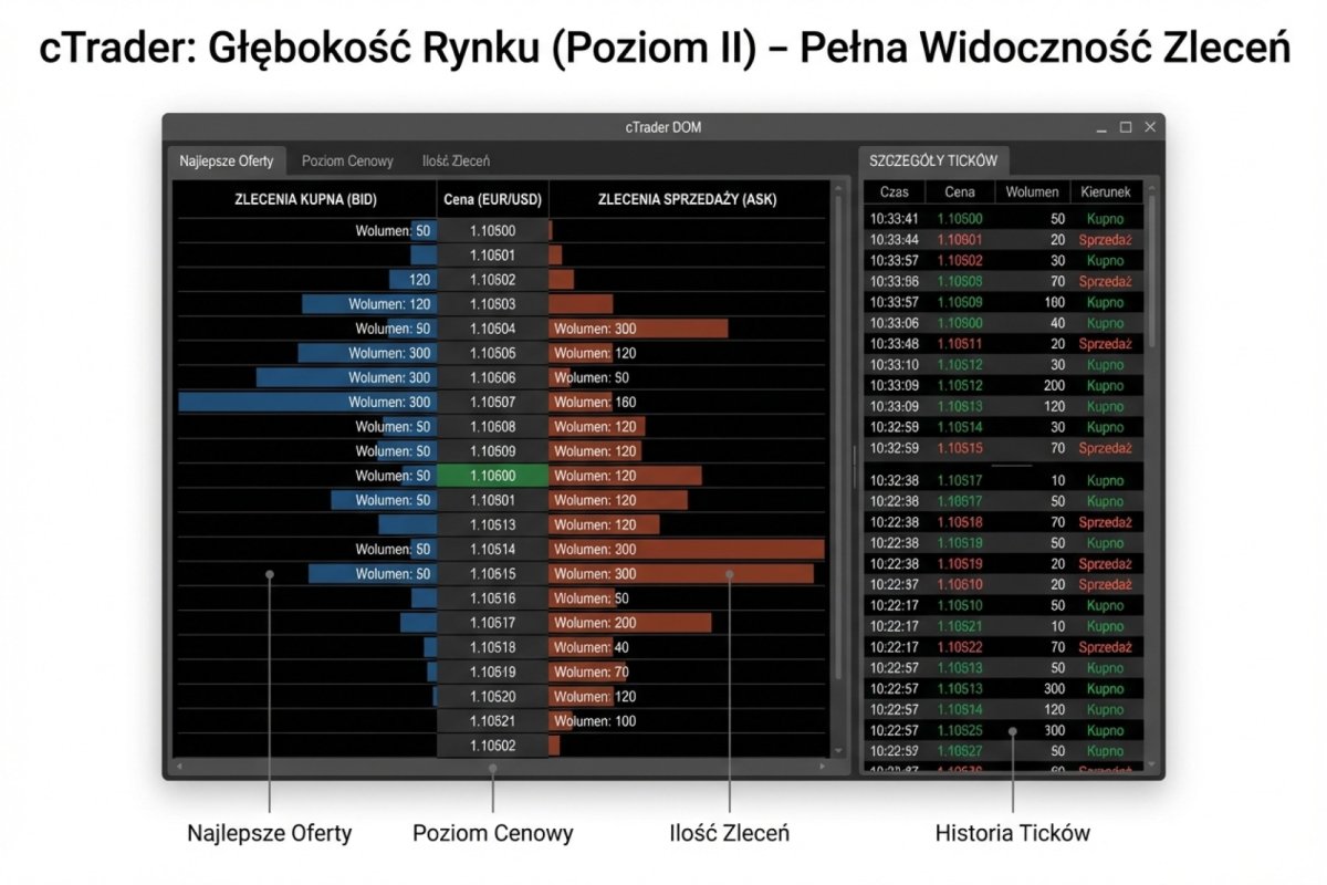 cTrader — depth of market (Level II) z pełną widocznością zleceń na kolejnych poziomach cenowych i wolumenu na każdym ticku