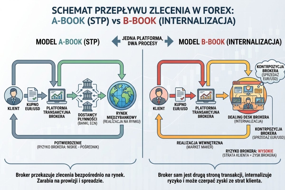 Schemat przepływu zlecenia w modelu A-Book (STP) vs B-Book (internalizacja) — ta sama platforma, dwa zupełnie różne procesy egzekucji