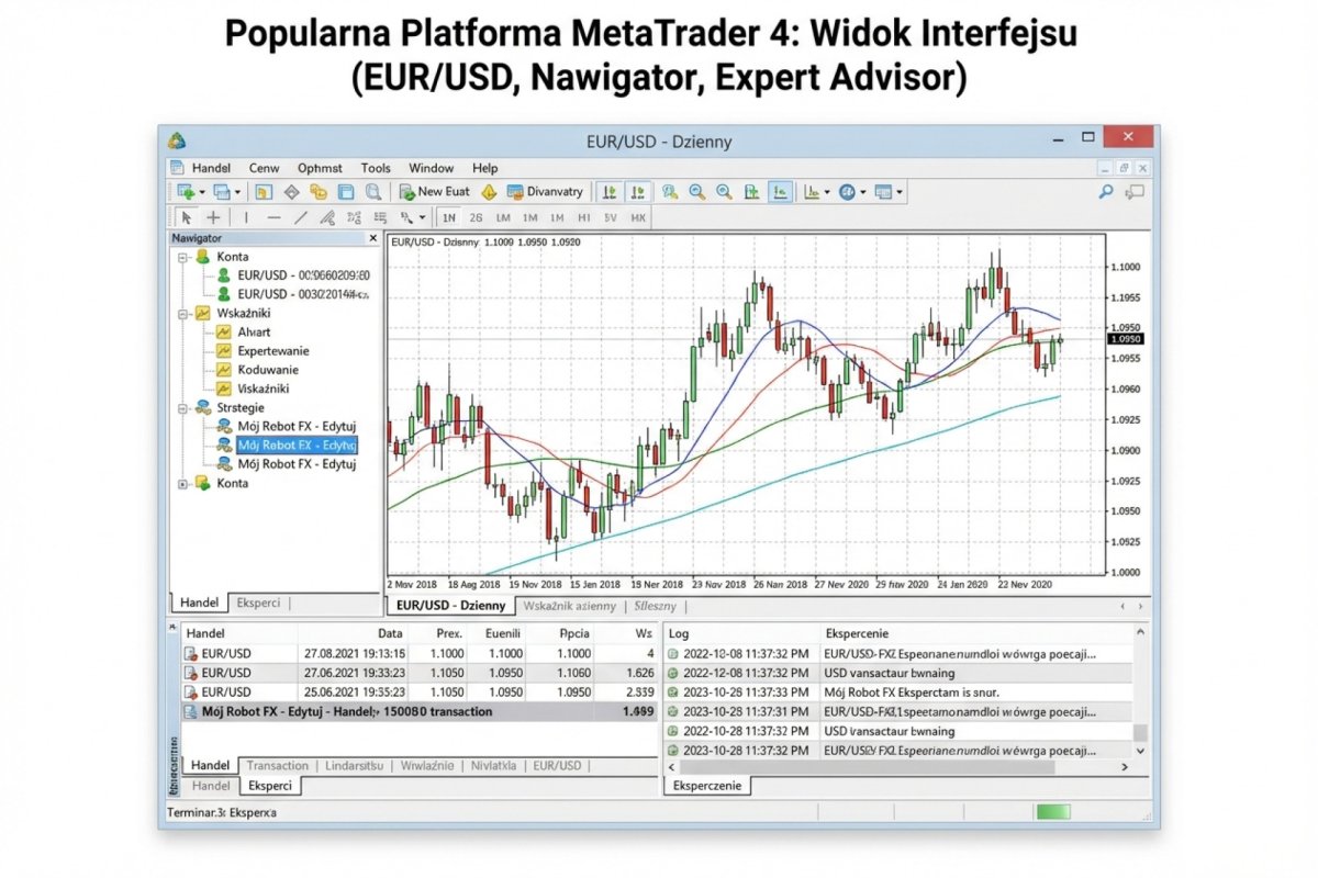 Interfejs MetaTrader 4 z wykresem EUR/USD, oknem Expert Advisora i panelem nawigacji — platforma, którą zna każdy trader detaliczny