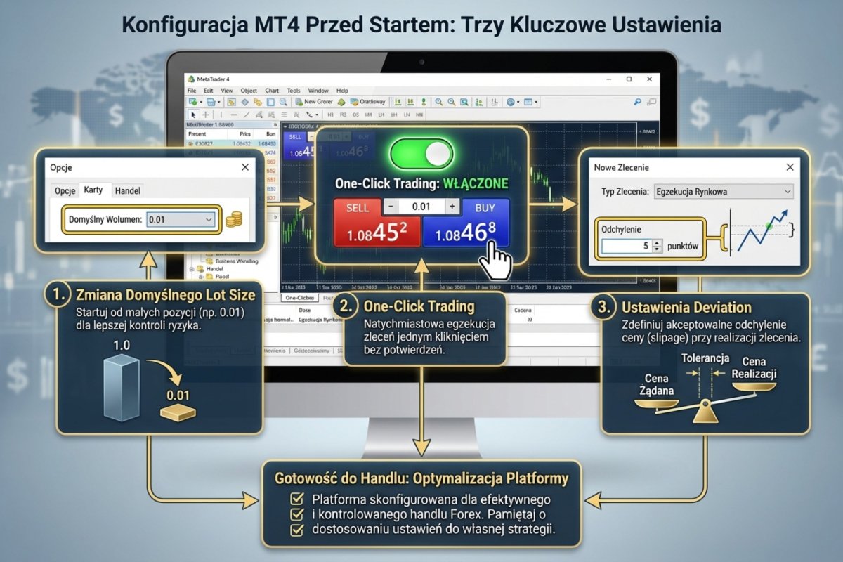 Konfiguracja platformy MT4 przed startem — zmiana domyślnego lot size, one-click trading i ustawienia deviation