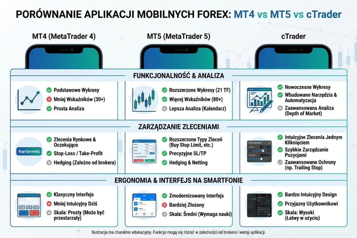 Porównanie aplikacji mobilnych MT4, MT5 i cTrader — różnice w funkcjonalności, zarządzaniu zleceniami i ergonomii na smartfonie
