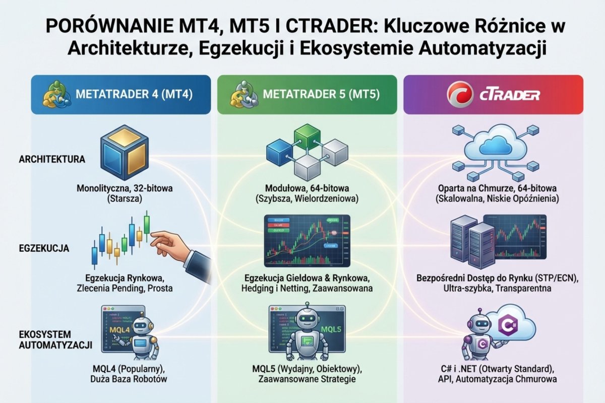 Porównanie MT4, MT5 i cTrader — kluczowe różnice w architekturze, egzekucji i ekosystemie automatyzacji
