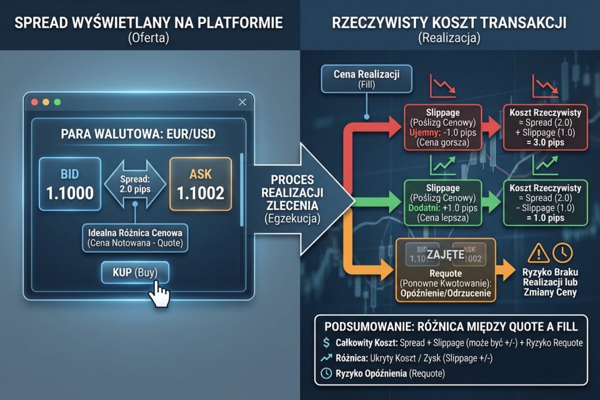 Spread wyświetlany na platformie vs rzeczywisty koszt transakcji — różnica między quote a fill, slippage i requote