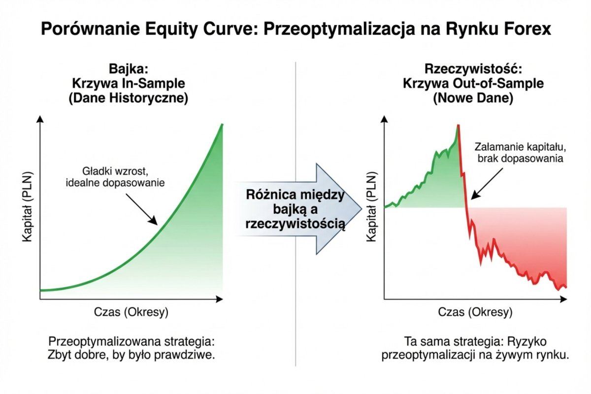 Porównanie equity curve: przeoptymalizowana krzywa in-sample (gładki wzrost) vs ta sama strategia out-of-sample (załamanie) — różnica między bajką a rzeczywistością
