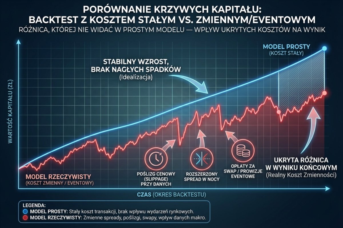 Porównanie equity curve: backtest z kosztem stałym vs backtest z kosztem zmiennym/eventowym — różnica, której nie widać w prostym modelu