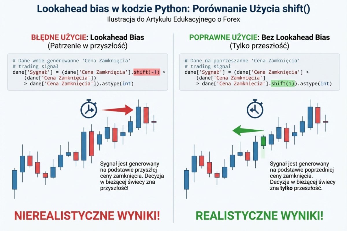 Lookahead bias w kodzie Python — porównanie błędnego i poprawnego użycia shift() w generowaniu sygnałów tradingowych