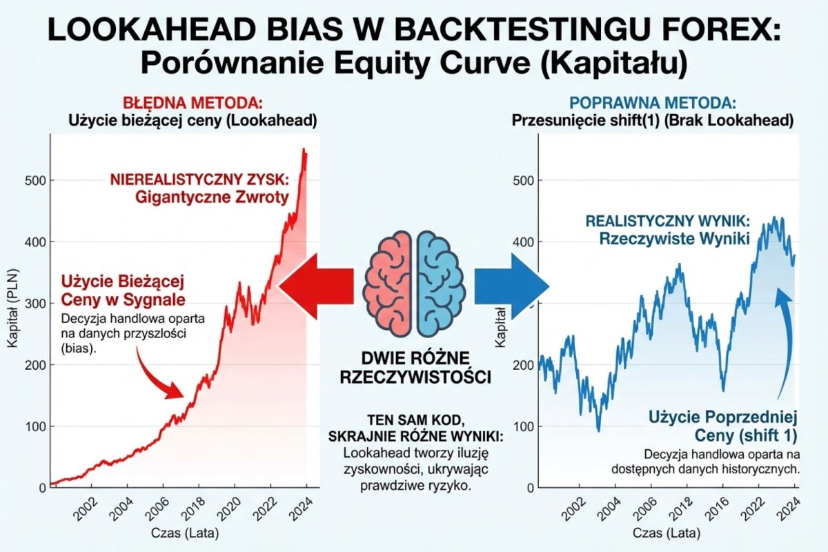 Lookahead bias: porównanie equity curve z poprawnym shift(1) vs błędnym użyciem bieżącej ceny — ten sam kod, dwie zupełnie różne rzeczywistości