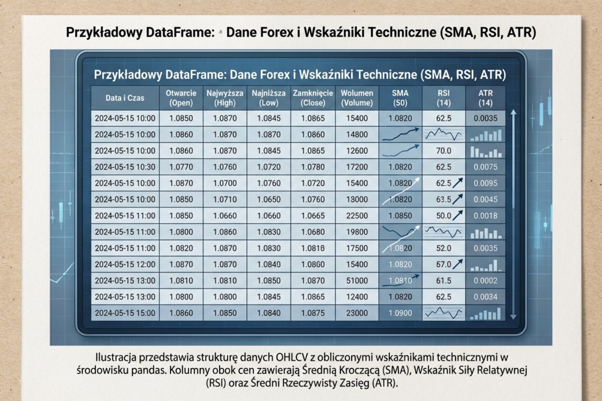 DataFrame pandas z danymi OHLCV i obliczonymi wskaźnikami — SMA, RSI, ATR w kolumnach obok danych cenowych