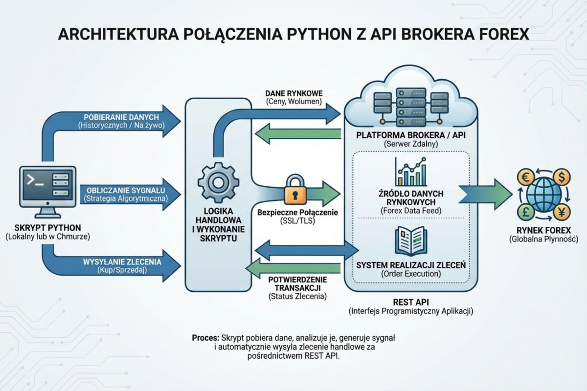 Architektura połączenia Python z API brokera — skrypt pobiera dane, oblicza sygnał, wysyła zlecenie przez REST API