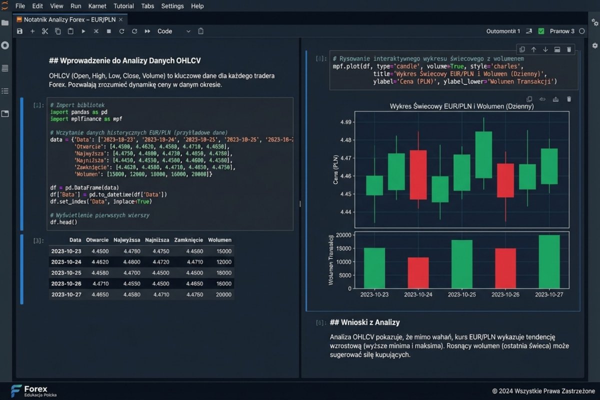 Jupyter Notebook z analizą danych OHLCV — interaktywne komórki z kodem pandas, wykresami i notatkami