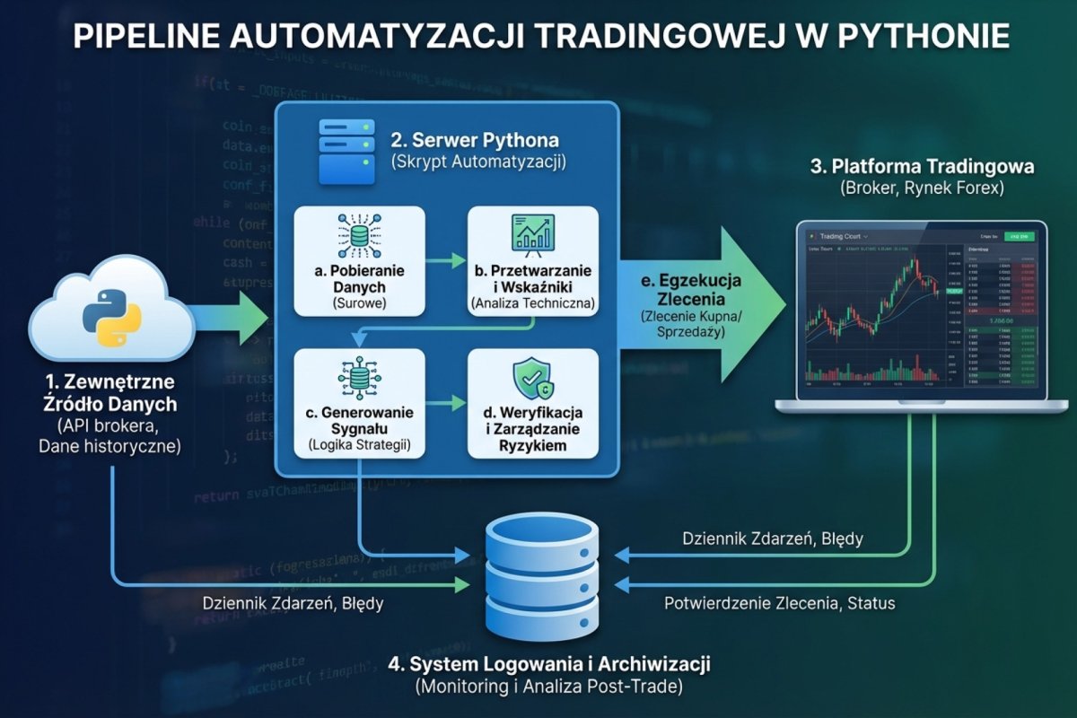 Pipeline automatyzacji tradingowej w Pythonie — od pobrania danych przez obliczenie sygnału po wykonanie zlecenia i logging