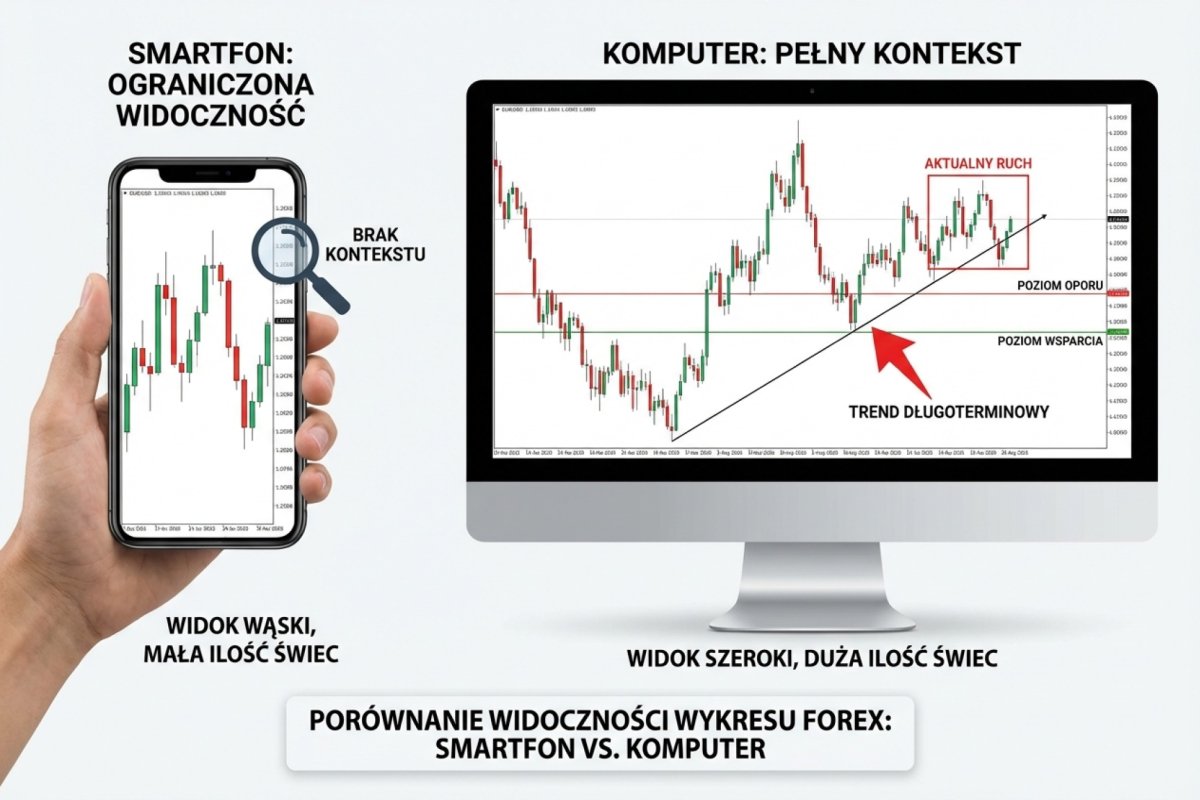 Ograniczona widoczność wykresu na ekranie smartfona — porównanie ilości widocznych świec i kontekstu rynkowego z widokiem desktopowym