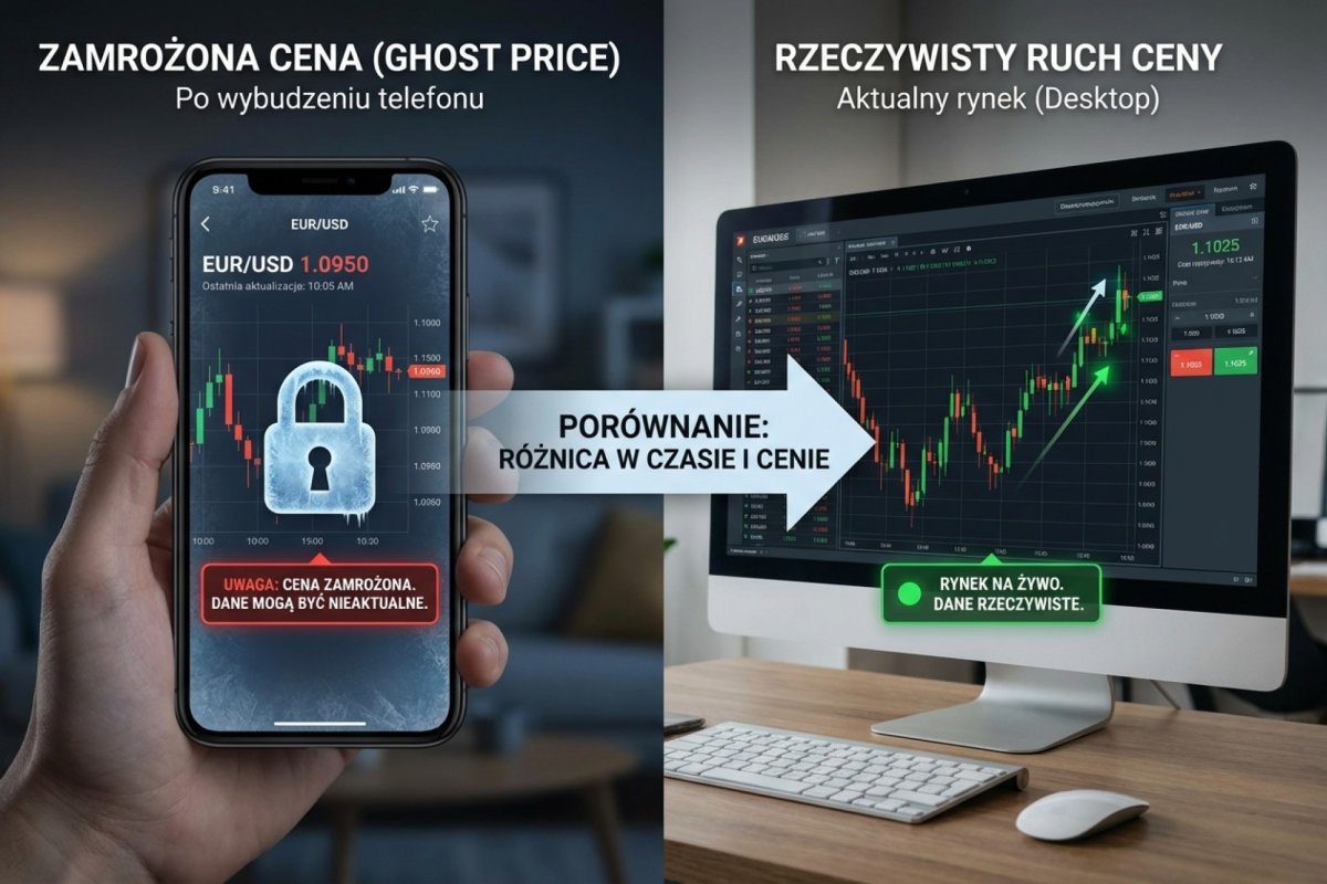 Porównanie: zamrożona cena na ekranie telefonu po wybudzeniu (ghost price) vs rzeczywisty ruch ceny na desktopie w tym samym momencie