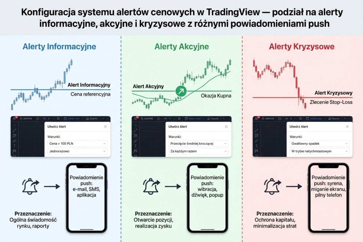 Konfiguracja systemu alertów cenowych w TradingView — podział na alerty informacyjne, akcyjne i kryzysowe z różnymi powiadomieniami push