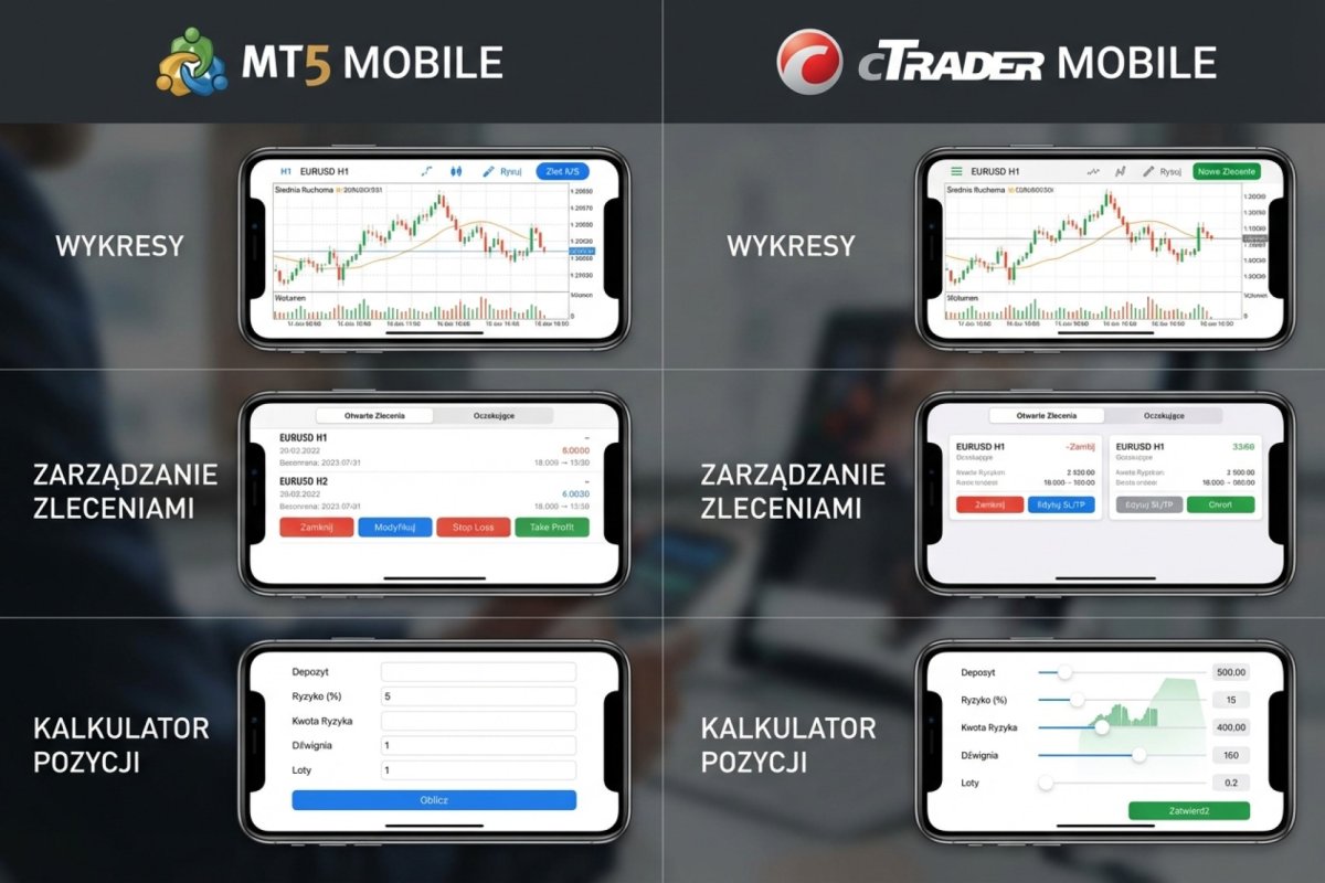 Porównanie interfejsów MT5 Mobile i cTrader Mobile — wykresy, zarządzanie zleceniami i kalkulator pozycji na smartfonie