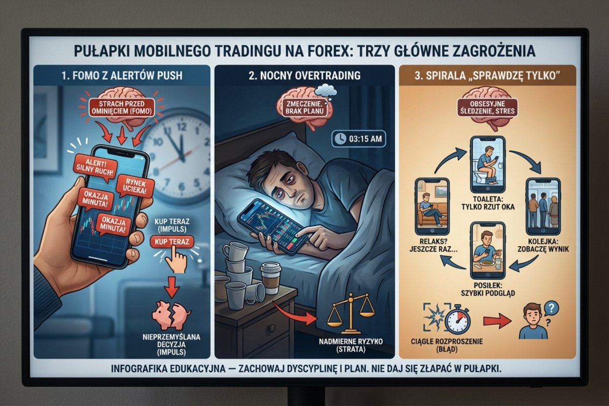 Trzy główne pułapki mobilnego tradingu — FOMO z alertów push, nocny overtrading i spirala sprawdzę tylko